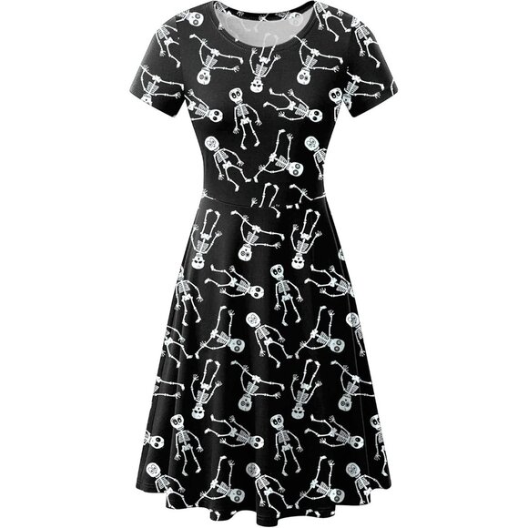 Women's Halloween Dress for Women Short Sleeves Printed Vintage Style Skeletons - Picture 1 of 6